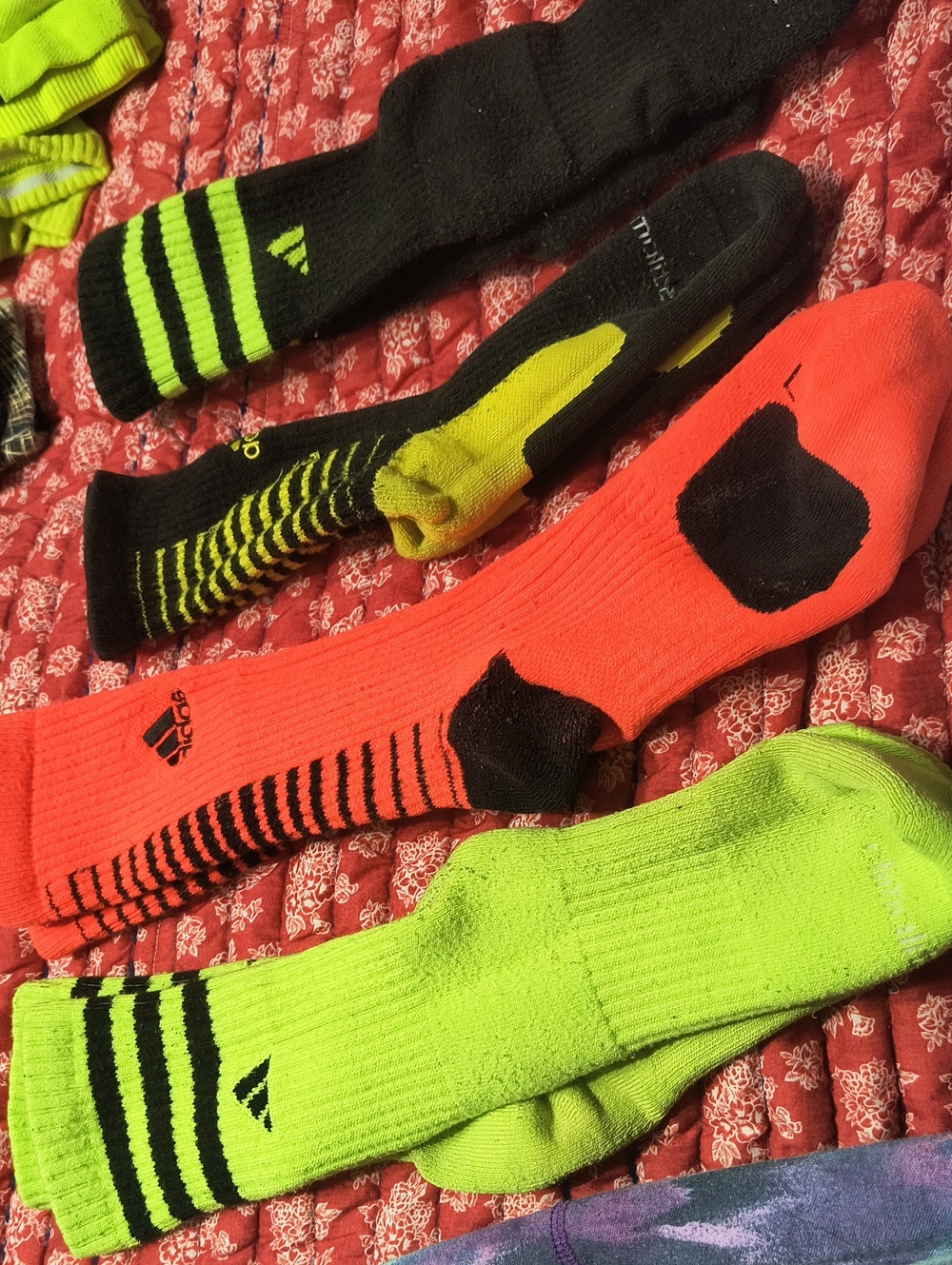 adidas Used Men's Athletic Crew Socks - Neon Green, Orange And Black